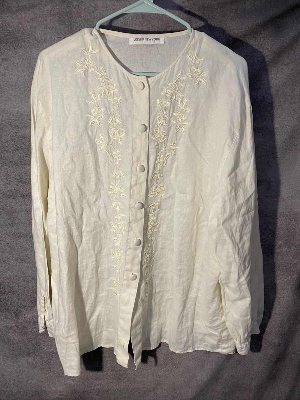 Jones New York Linen Shirt Womens Medium Cream Floral Embroidered Button Down To
